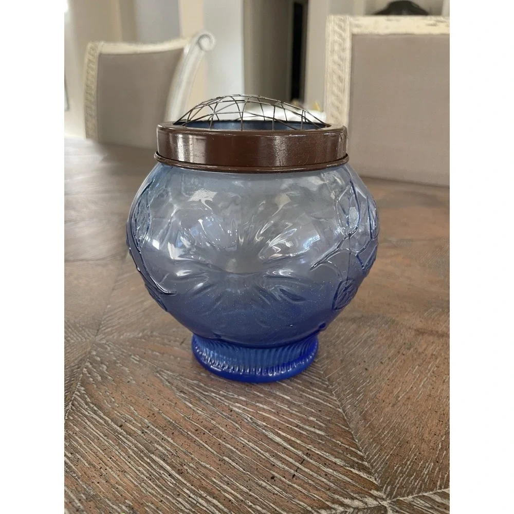 Vtg Blue Pressed Glass Flower Arranging Vase Jar With Wire Floral